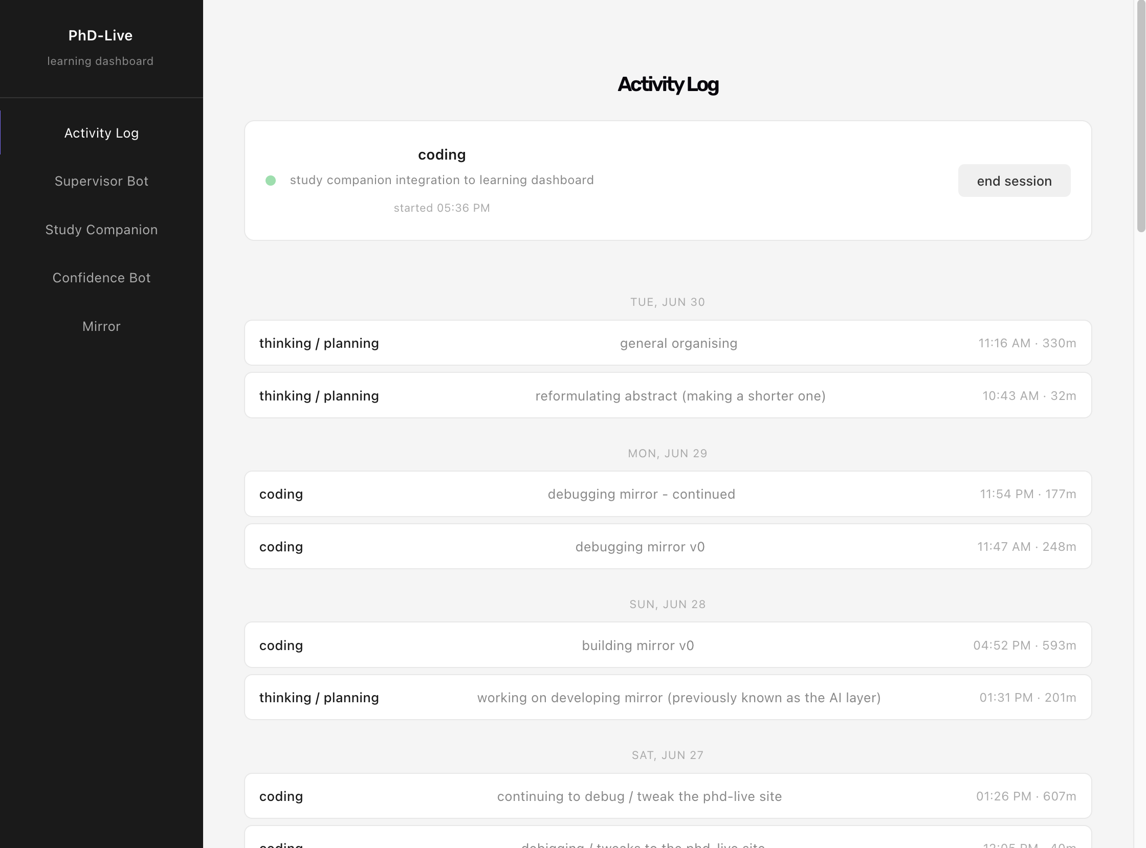 learning dashboard first iteration
